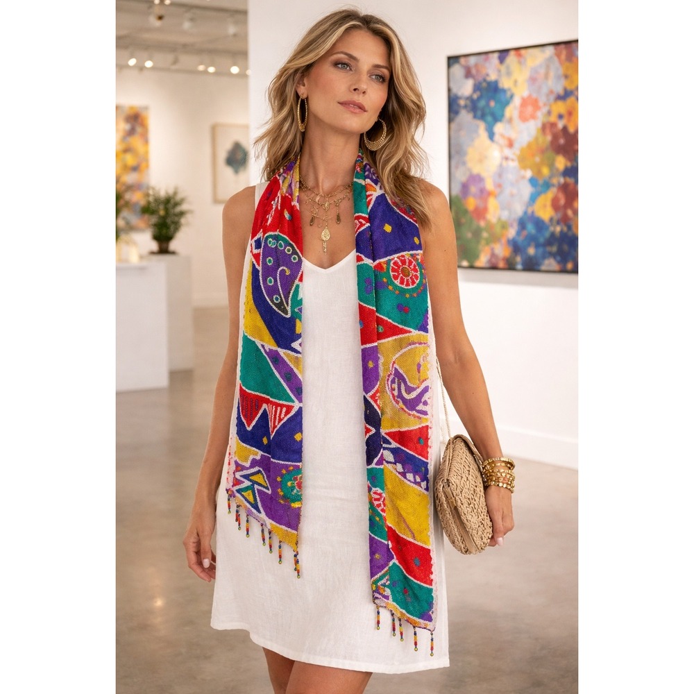 Vintage Ginnie Johansen Beaded‎ Scarf Psychedelic Geometric Art Wrap Resort 90s